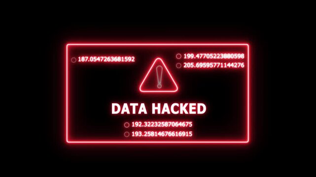 Cyber security alert warning featuring neon red data hacked text overlay with rapidly changing numerical digital code sequences for futuristic technology interface and information protection concepts