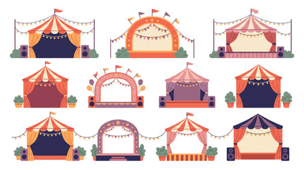 Collection of colorful circus and festival tents with decorative flags and lights, showcasing performance stages and arches © Rishi