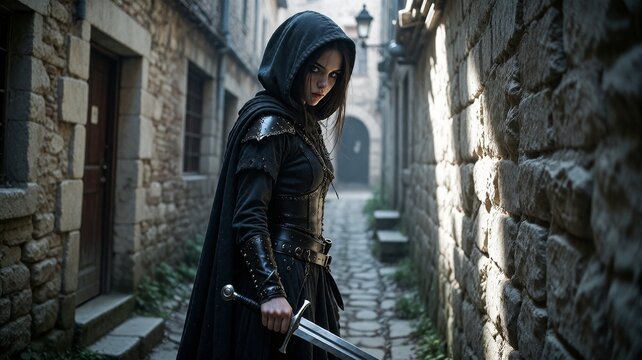 Stealthy Female Rogue in Medieval Alleyway