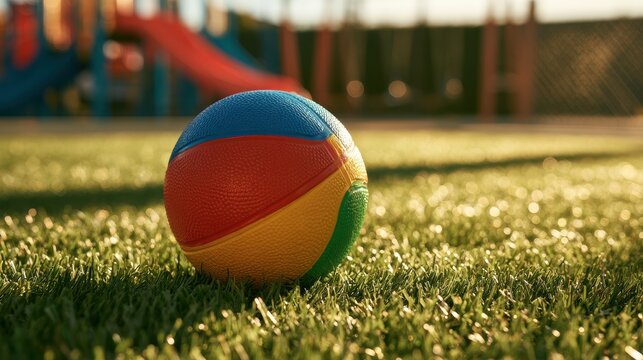Vibrant plastic ball on lush green turf with blurred playground equipment in the background