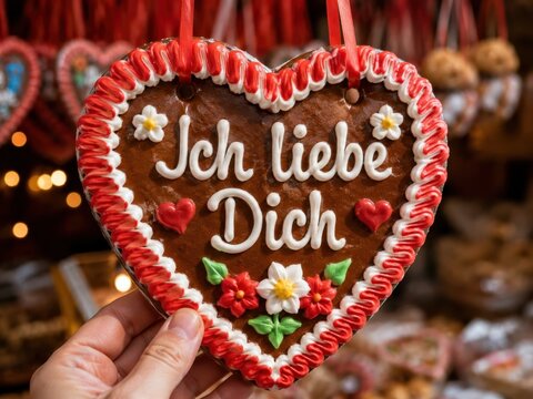 Lebkuchenherz mit Liebesbotschaft auf dem Volksfest &ndash; Das dekorierte Herzgeb&auml;ck mit der Aufschrift Ich liebe Dich ist ein romantisches Geschenk und beliebtes Souvenir voller Tradition.