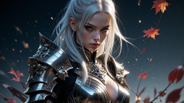 Stunning Fantasy Warrior with Silver Armor and Long White Hair