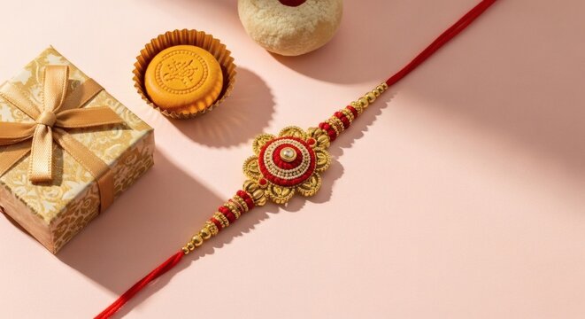 Traditional Raksha Bandhan Gift and Rakhi on Soft Background &ndash; Indian Festival Greeting Design
