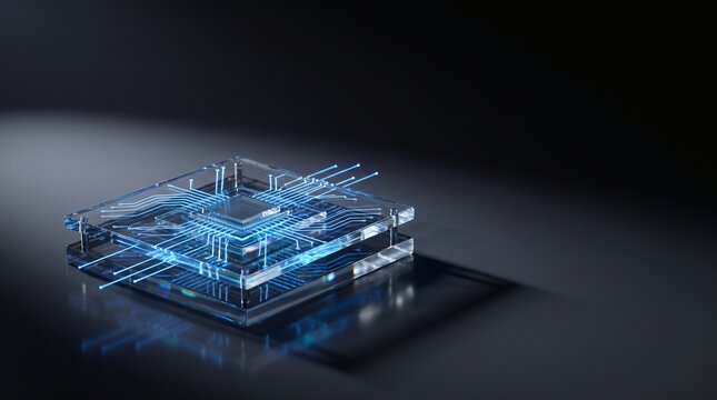 Transparent glass microchip glowing with blue light circuit traces on dark reflective surface for advanced quantum computing hardware
