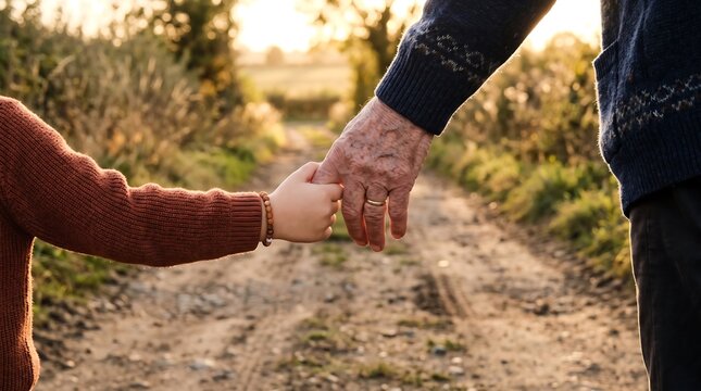 Grandparent holding grandchild hand. Senior man and child walking together outdoors.