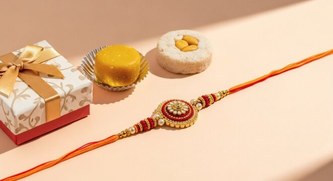 Rakhi Bracelet with Gift Boxes and Sweets &ndash; Raksha Bandhan Festival Celebration Setup