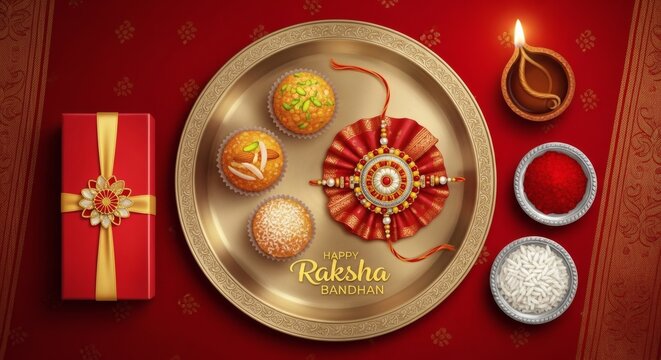 Raksha Bandhan Thali with Rakhi and Sweets &ndash; Traditional Indian Festival Celebration Setup