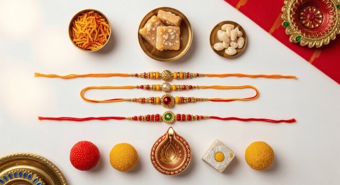 Raksha Bandhan Sweets and Rakhi Arrangement &ndash; Traditional Indian Festival Celebration Background