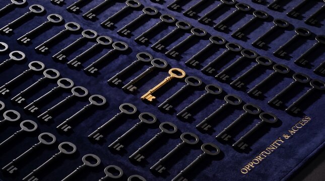 Golden key among many black keys. Unique solution concept for business success.