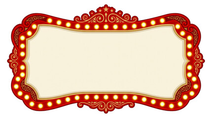 Ornate vintage marquee sign border with glowing light bulbs and blank central space for circus theater or retro cinema announcements © Rishi