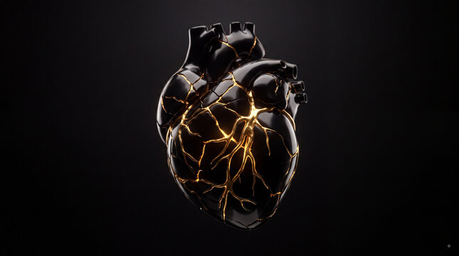 Anatomical human heart model with glowing golden cracks on black background