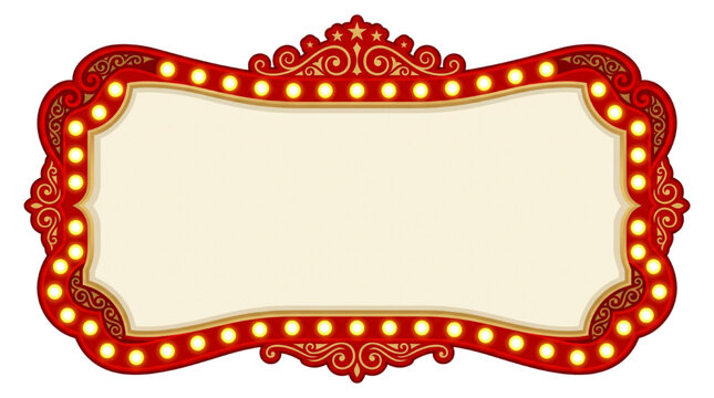 Ornate vintage marquee sign border with glowing light bulbs and blank central space for circus theater or retro cinema announcements