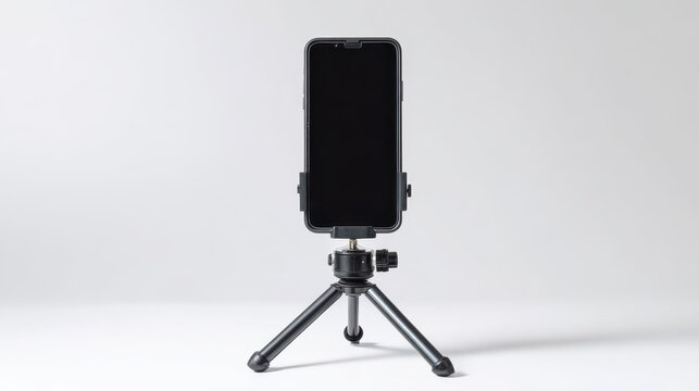 Compact smartphone on a minimalist tripod on a pure white background