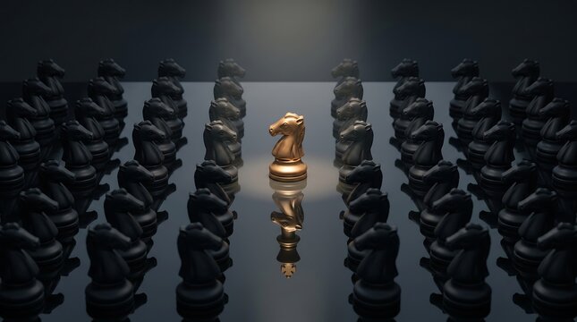Golden chess knight standing out. Unique leader piece among black pawns.