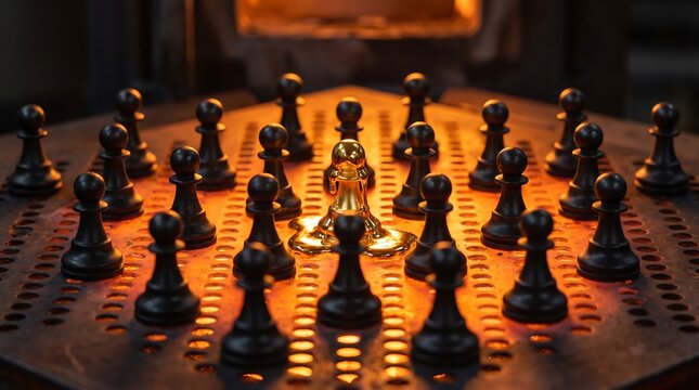 Gold chess piece surrounded by black pawns. Leadership concept with unique golden king.