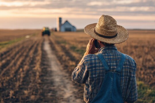 Back view of a farmer in denim overalls and a straw hat speaking on a smartphone in farmland