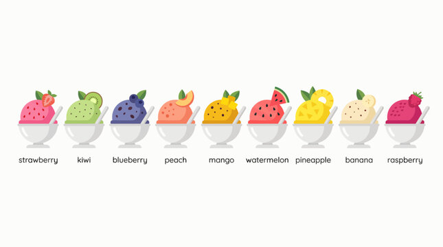 A vibrant illustration showcasing nine different fruit-flavored shaved ice desserts or sorbets in white bowls, each topped with its respective fruit.