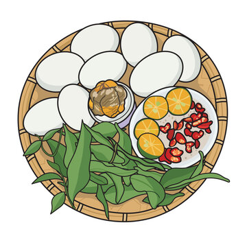 Asian street food fertilized duck eggs Balut with calamansi chili pepper salt dip isolated