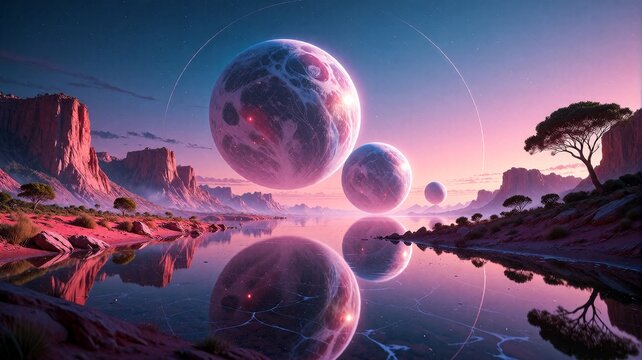 Surreal Alien Landscape with Triple Moons Over Reflective Lake