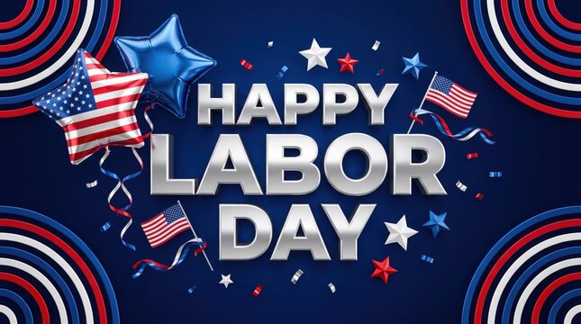 Happy labor day celebration with american flags and stars on a blue background