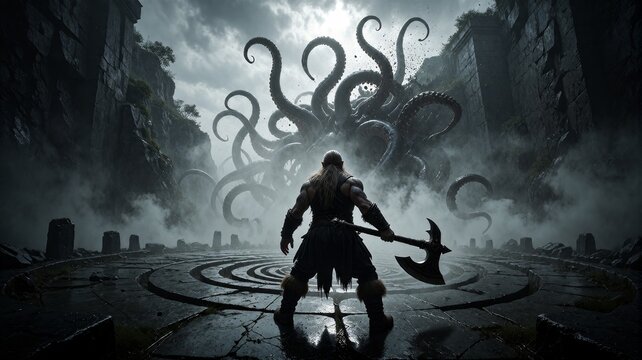 Viking Warrior Facing Eldritch Tentacle Monster in Misty Stone Arena