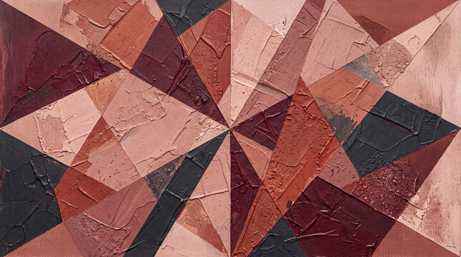 Abstract geometric pattern with textured triangles in earthy tones of terracotta, burgundy, and beige