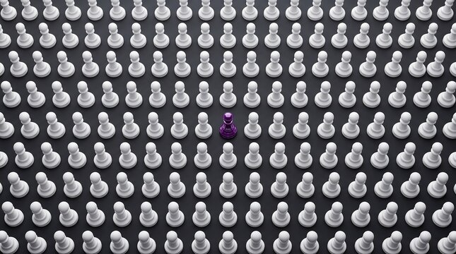 Unique purple chess piece among white ones. Concept of standing out from the crowd.