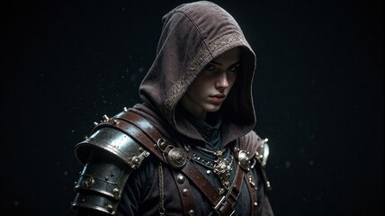 Naklejka premium Warrior Woman in Leather and Metal Armor with Hood