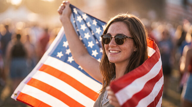 Smiling young woman wearing sunglasses and holding the American flag at an outdoor festival during golden hour
