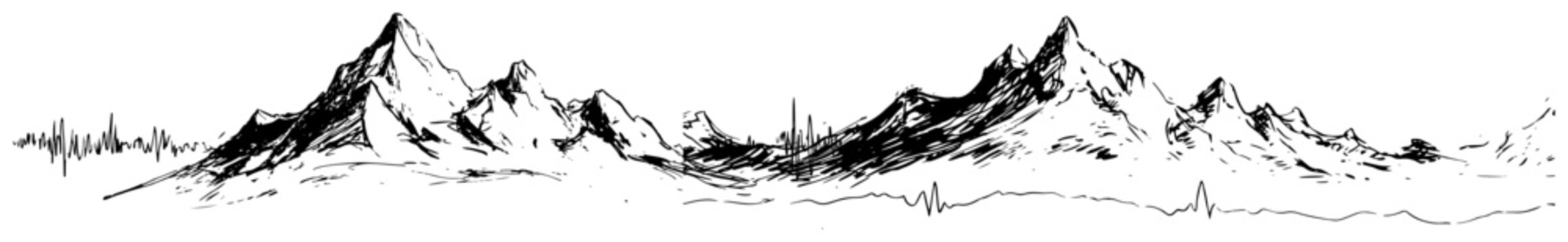 Wide mountain range landscape with sharp rocky peaks hand drawn sketch style
