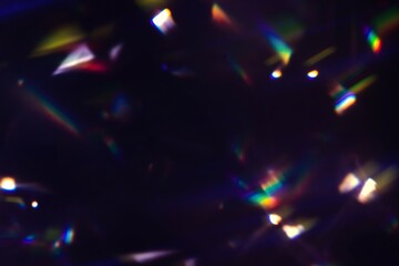 Blur colorful rainbow crystal light leaks on black background. Defocused abstract multicolored retro film lens flare bokeh analog photo overlay or screen filter effect. Glow Vintage prism colors © Aleksandra Konoplya
