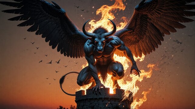 Winged Minotaur Demon Amidst Tower Fire