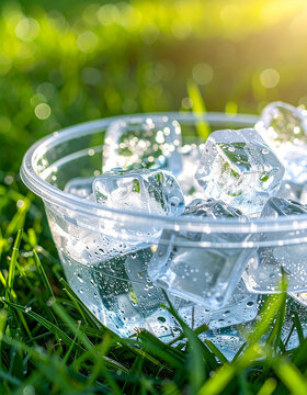 Clear plastic bowl with ice cubes and cool water on lush green grass outdoors, bright natural daylight, refreshing summer atmosphere. Close-up.