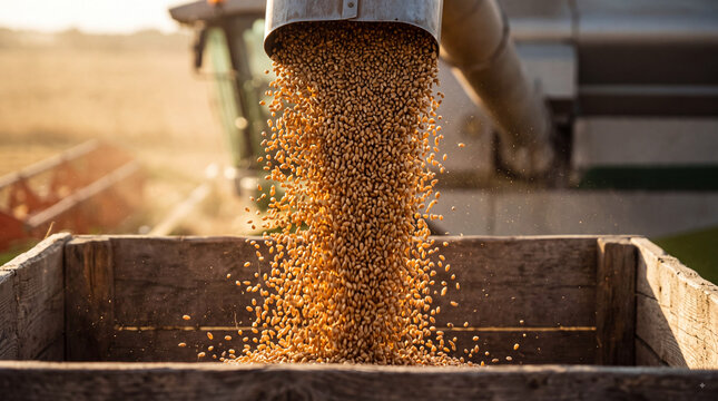 Golden grain being poured from a combine harvester into a wooden storage container during harvest season