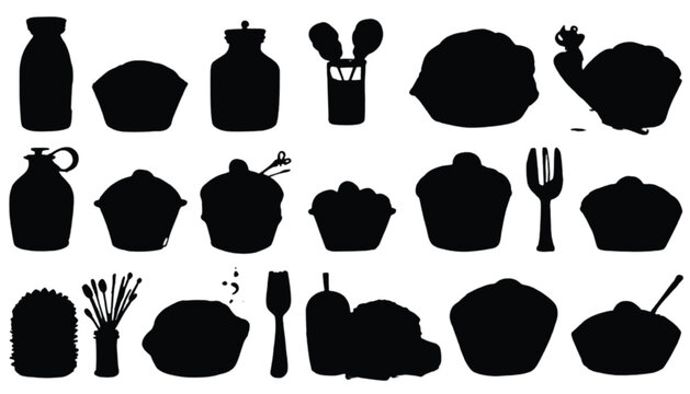 Silhouettes showcase a tidy arrangement of essential kitchen staples, dining utensils, and food containers organized in a systematic grid format on a stark white background for creative projects.