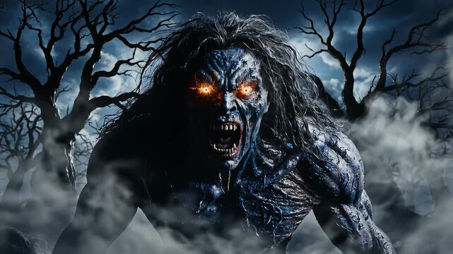 Monster emerging from fog in dark forest under full moon. Creature looking at camera with aggressive snarl. Concept of horror, Halloween, fantasy gaming.