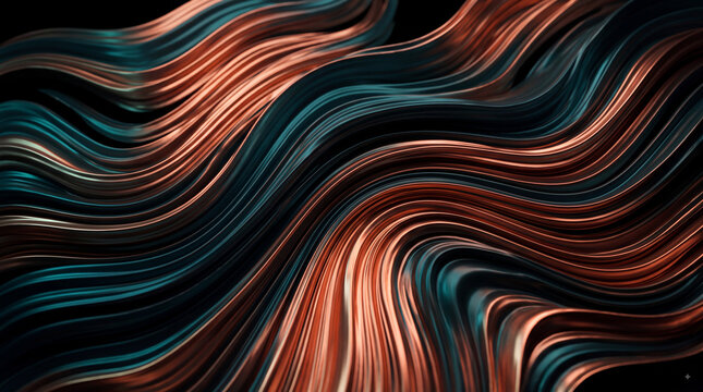 Abstract flowing waves of liquid copper and deep teal silk texture with elegant curved lines