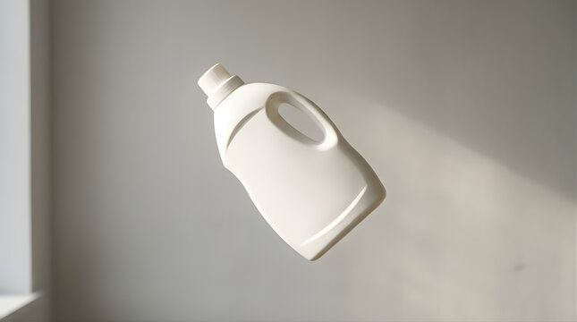 White Plastic Laundry Detergent Bottle Floating Mid Air Against Softly Lit Background With Natural Light Accents