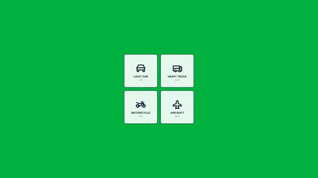 Minimal flat UI animation showing vehicle deployment menu options on chroma key green background