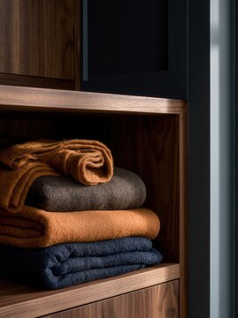Folded bath towels on walnut shelving in luxury organic modern linen closet