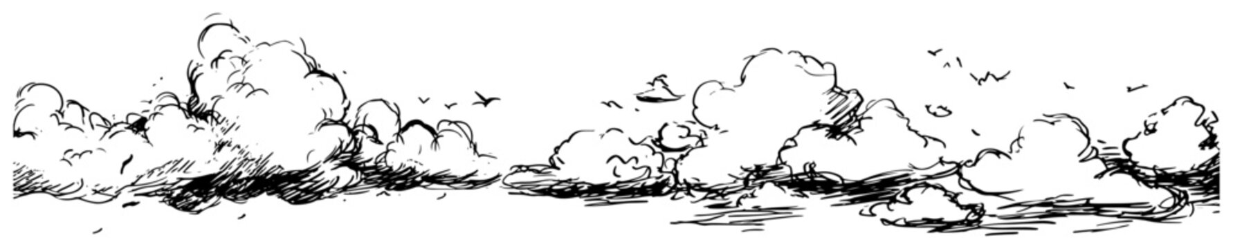 Cumulus clouds with flying birds in wide landscape ink sketch style