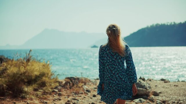Traveler Walking Towards Sea Coast Enjoying Tropical Island Landscape. Summer Vacation