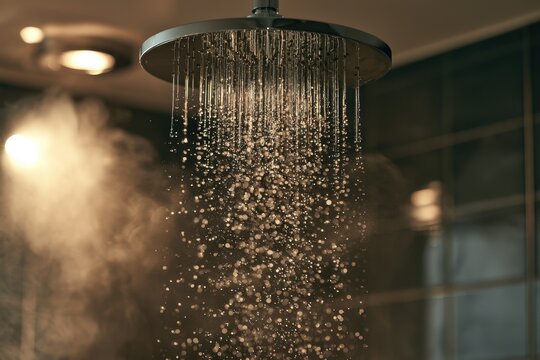 Close-up of a ceiling-mounted shower head spraying water in a modern bathroom