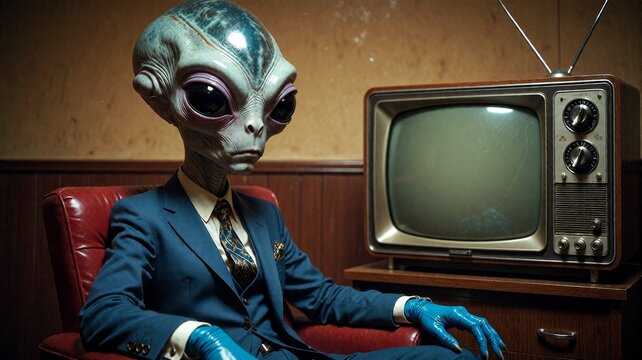 Alien Businessman Sitting in Red Leather Chair