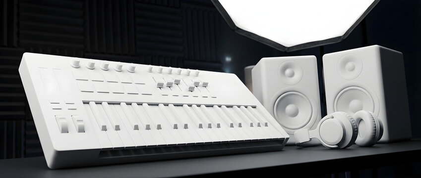 White Synthesizer Keyboard with Studio Monitors and Headphones on a Dark Surface with Ambient Lighting