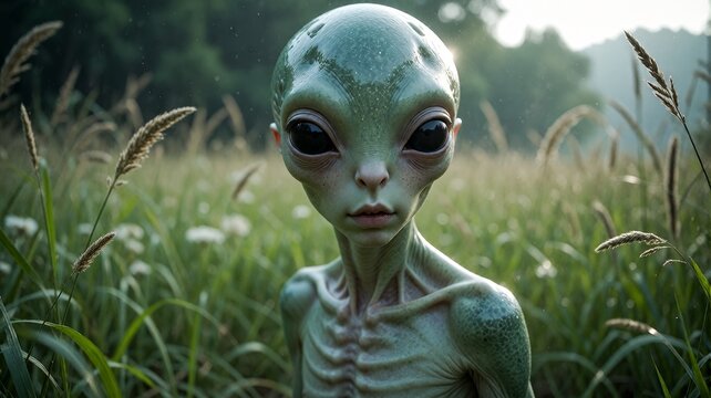 Alien Extraterrestrial Being Standing in Wild Grass Field