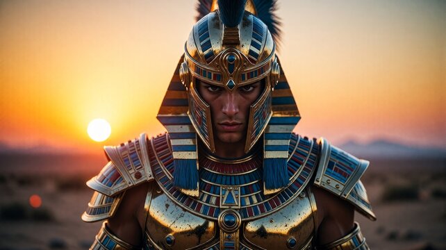 Ancient Egyptian Pharaoh Warrior in Golden Armor at Sunset