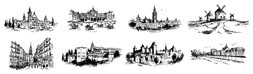 Obraz premium European city landmark sketches set including castles cathedrals and windmills in hand drawn style