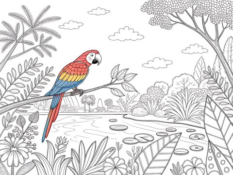 Colorful parrot perched on a tree branch in nature