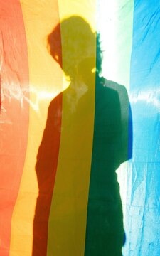 Person silhouette standing behind rainbow flag colors